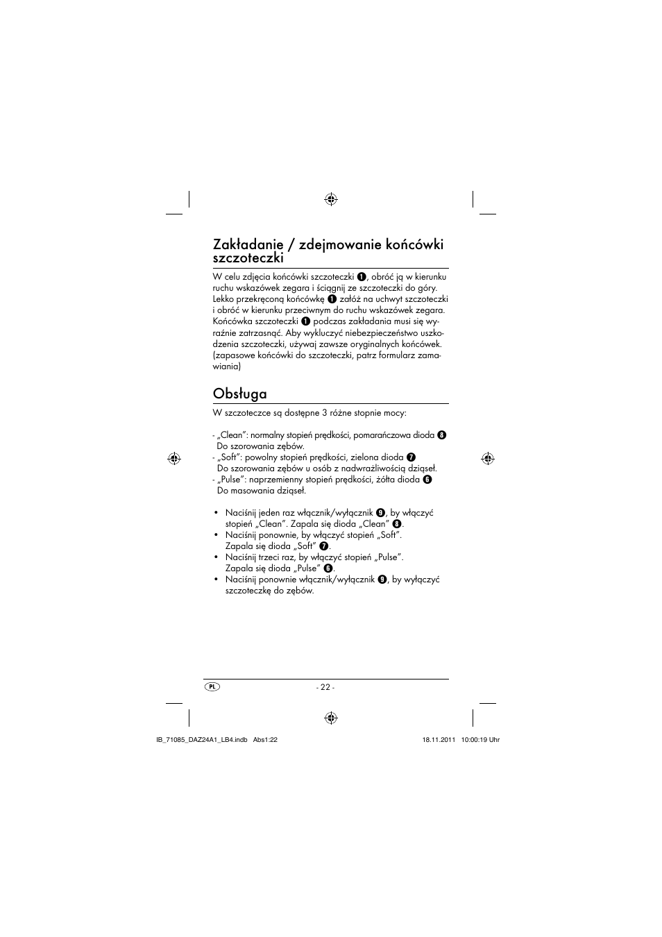 Zakładanie / zdejmowanie końcówki szczoteczki, Obsługa | Dentalux DAZ 2.4 A1 User Manual | Page 24 / 106