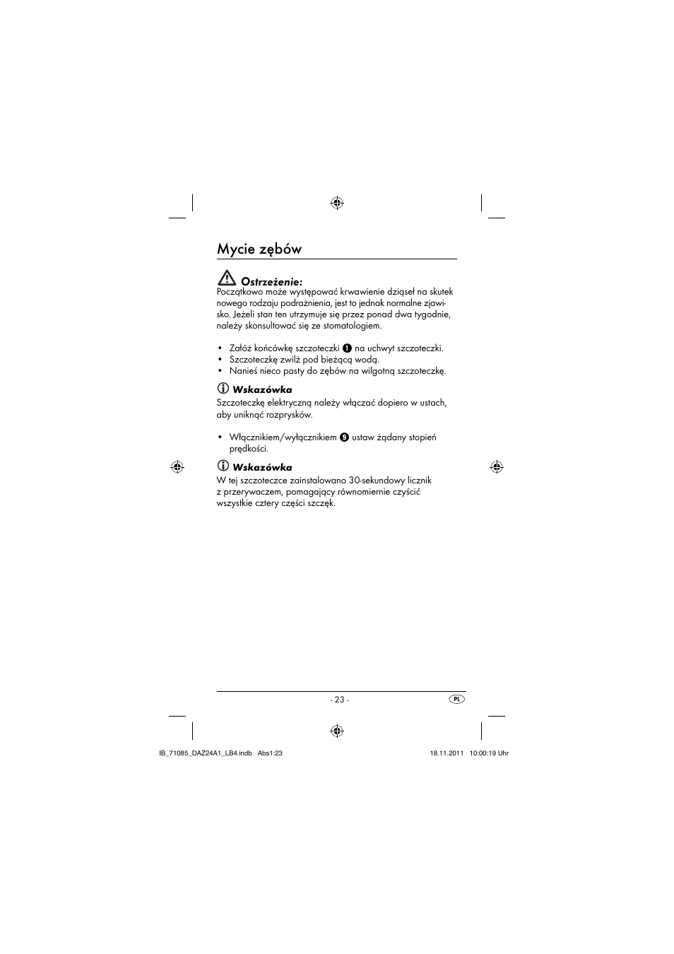 Mycie zębów, Ostrzeżenie | Dentalux DAZ 2.4 A1 User Manual | Page 25 / 106