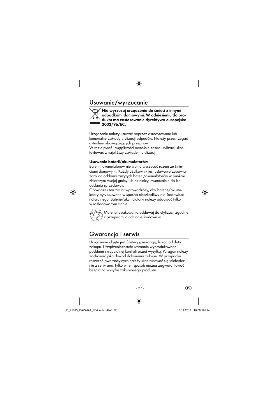 Usuwanie/wyrzucanie, Gwarancja i serwis | Dentalux DAZ 2.4 A1 User Manual | Page 29 / 106