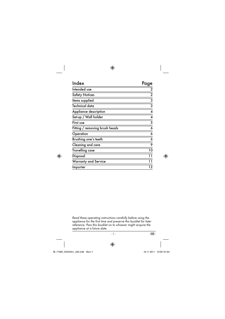 Index page | Dentalux DAZ 2.4 A1 User Manual | Page 3 / 106