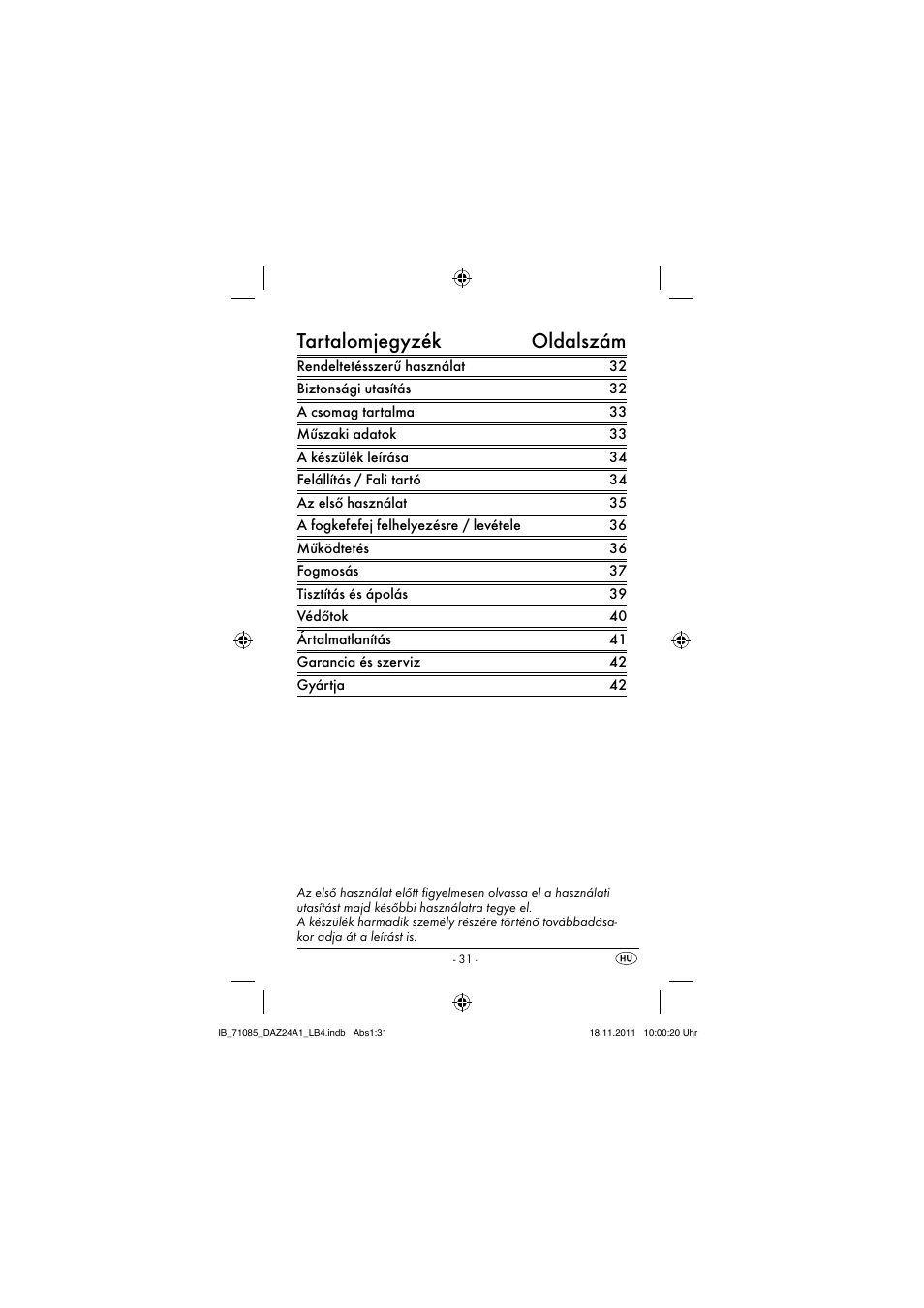 Tartalomjegyzék oldalszám | Dentalux DAZ 2.4 A1 User Manual | Page 33 / 106