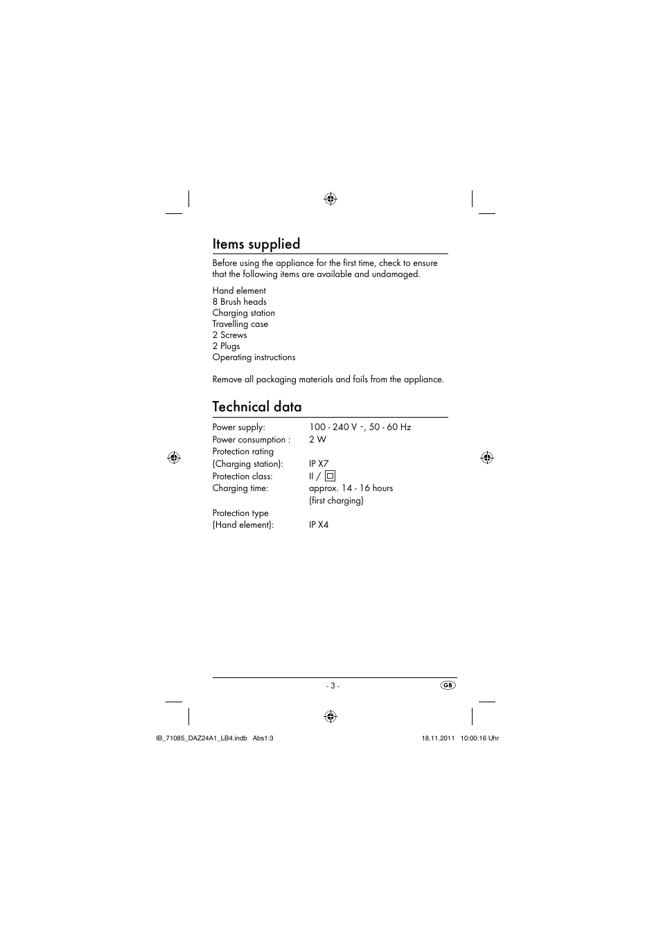 Items supplied, Technical data | Dentalux DAZ 2.4 A1 User Manual | Page 5 / 106