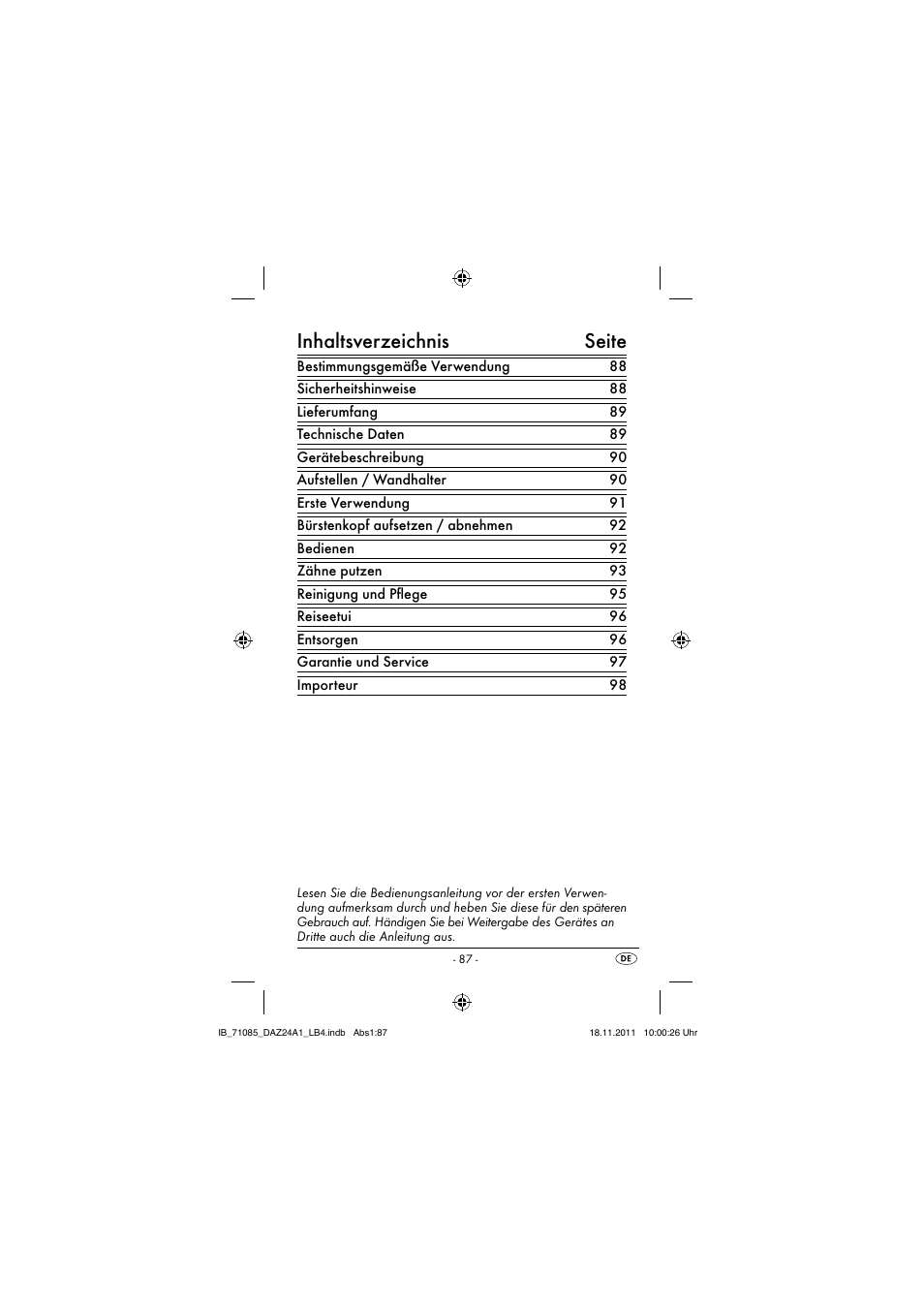 Inhaltsverzeichnis seite | Dentalux DAZ 2.4 A1 User Manual | Page 89 / 106