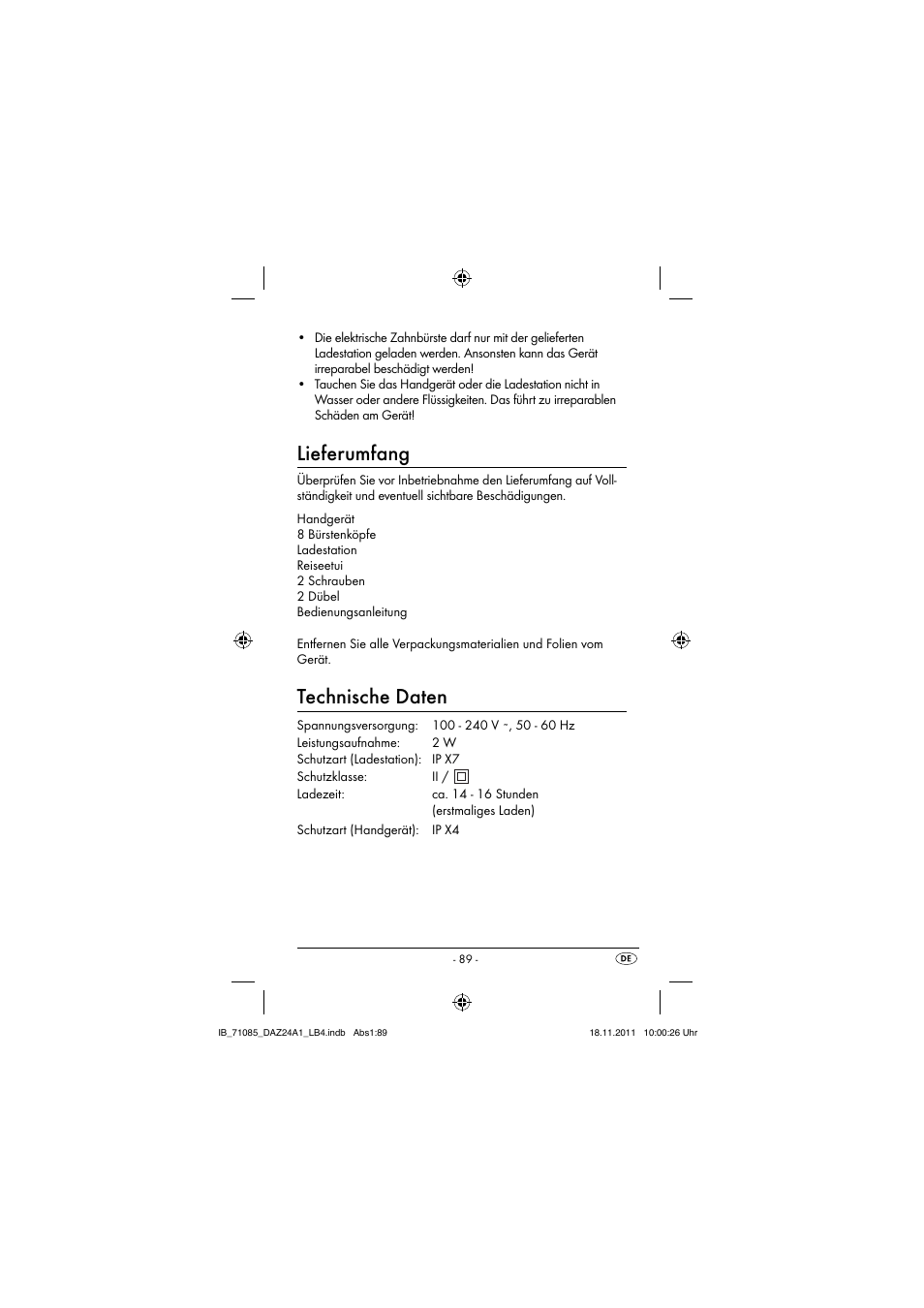 Lieferumfang, Technische daten | Dentalux DAZ 2.4 A1 User Manual | Page 91 / 106