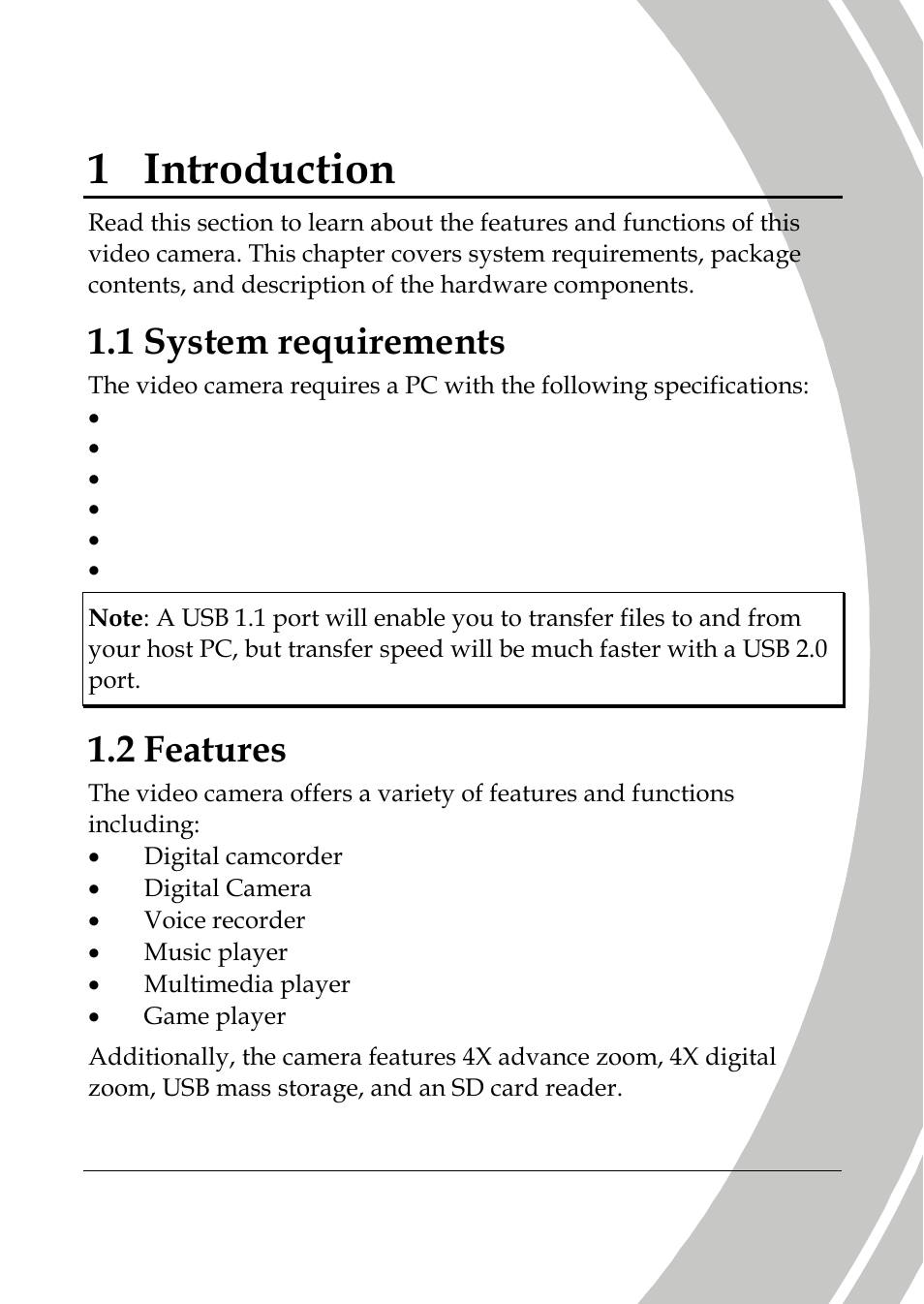 Introduction, System requirements, Features | 1 introduction, 1 system requirements, 2 features | DXG Technology DXG-589V User Manual | Page 11 / 105