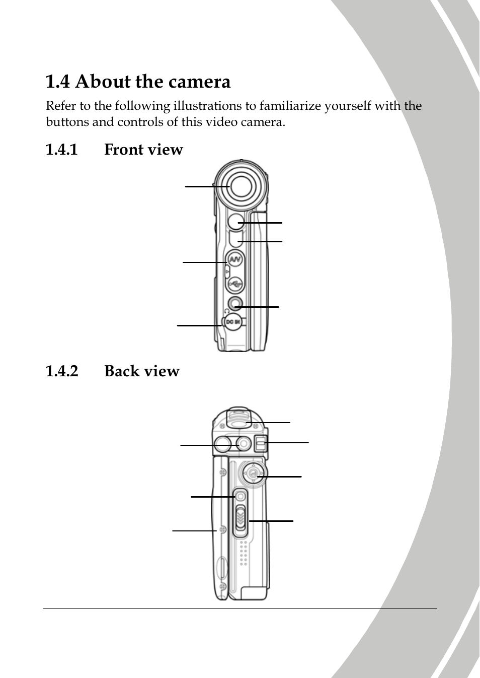 About the camera, Front view, Back view | 4 about the camera, 1 front view, 2 back view | DXG Technology DXG-589V User Manual | Page 13 / 105