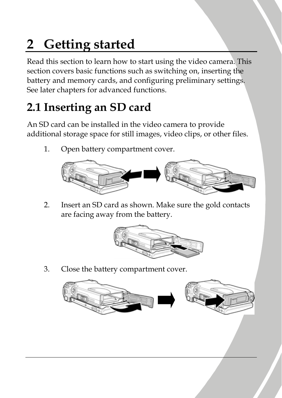 Getting started, Inserting an sd card, 2 getting started | 1 inserting an sd card | DXG Technology DXG-589V User Manual | Page 23 / 105