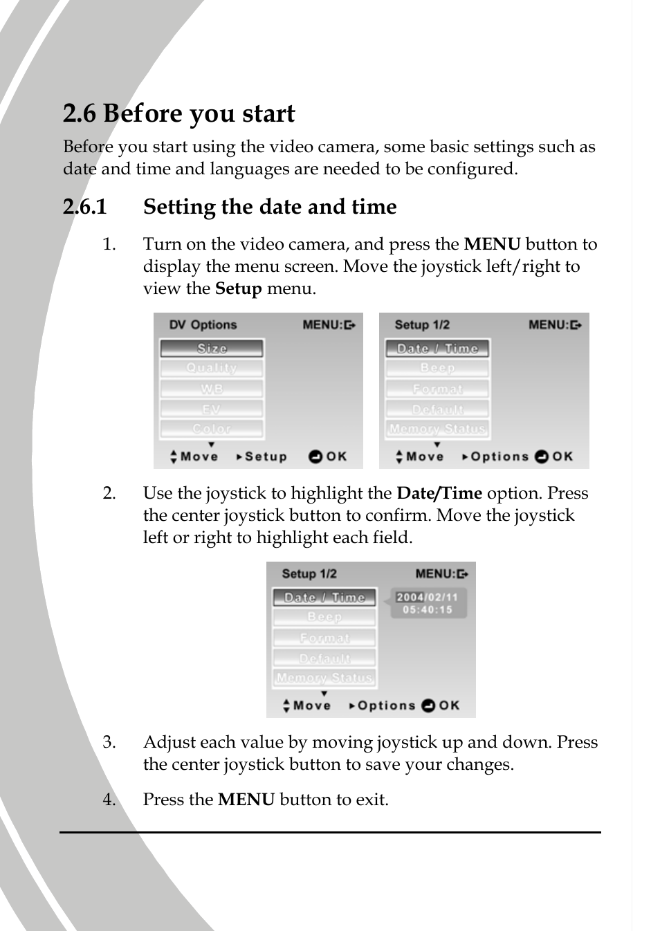 Before you start, Setting the date and time, 6 before you start | 1 setting the date and time | DXG Technology DXG-589V User Manual | Page 26 / 105