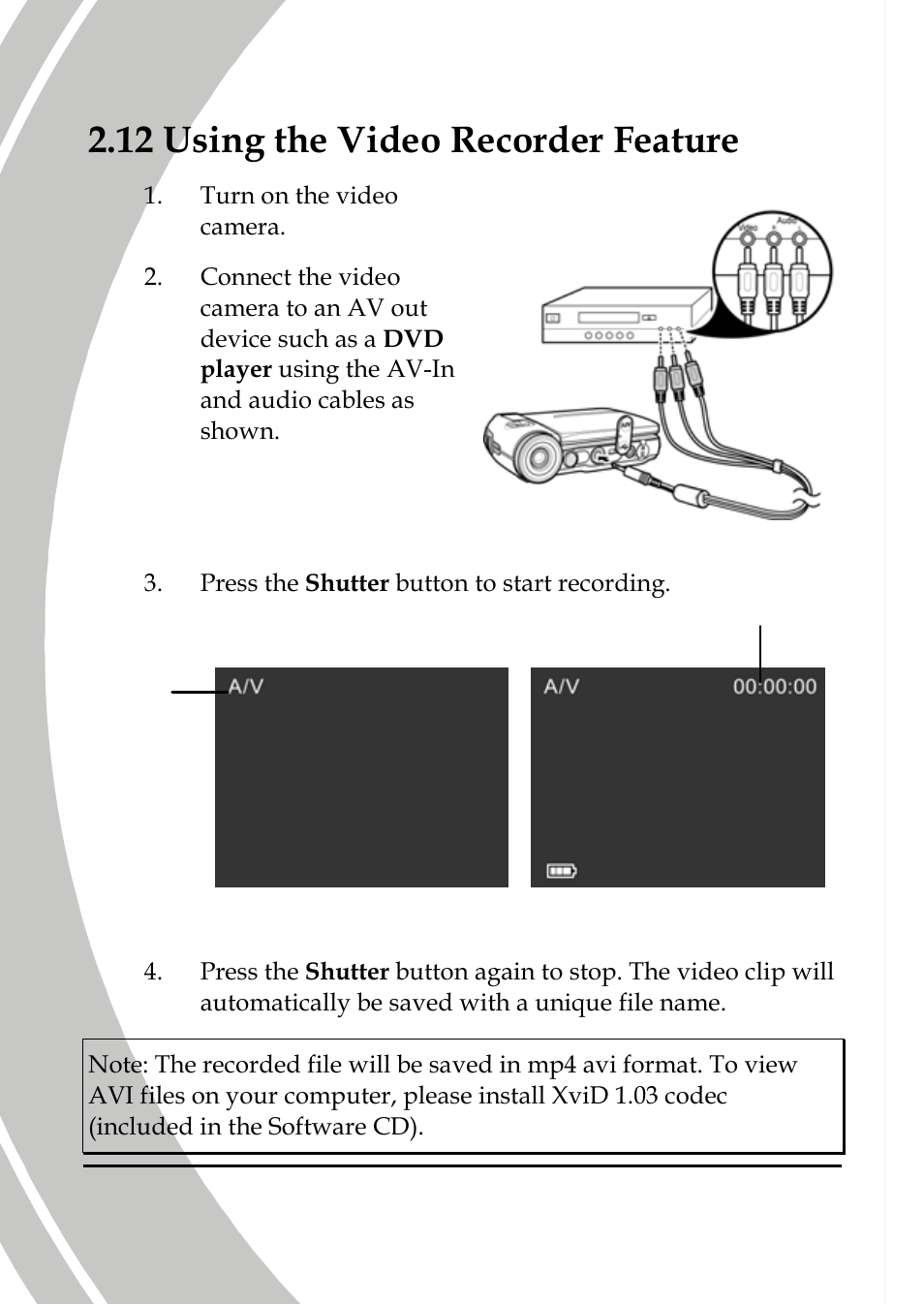 Using the video recorder feature, 12 using the video recorder feature | DXG Technology DXG-589V User Manual | Page 36 / 105