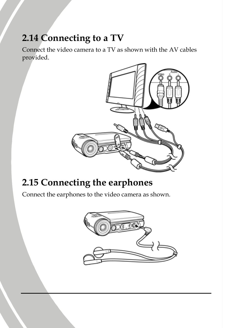 Connecting to a tv, Connecting the earphones, 14 connecting to a tv | 15 connecting the earphones | DXG Technology DXG-589V User Manual | Page 38 / 105