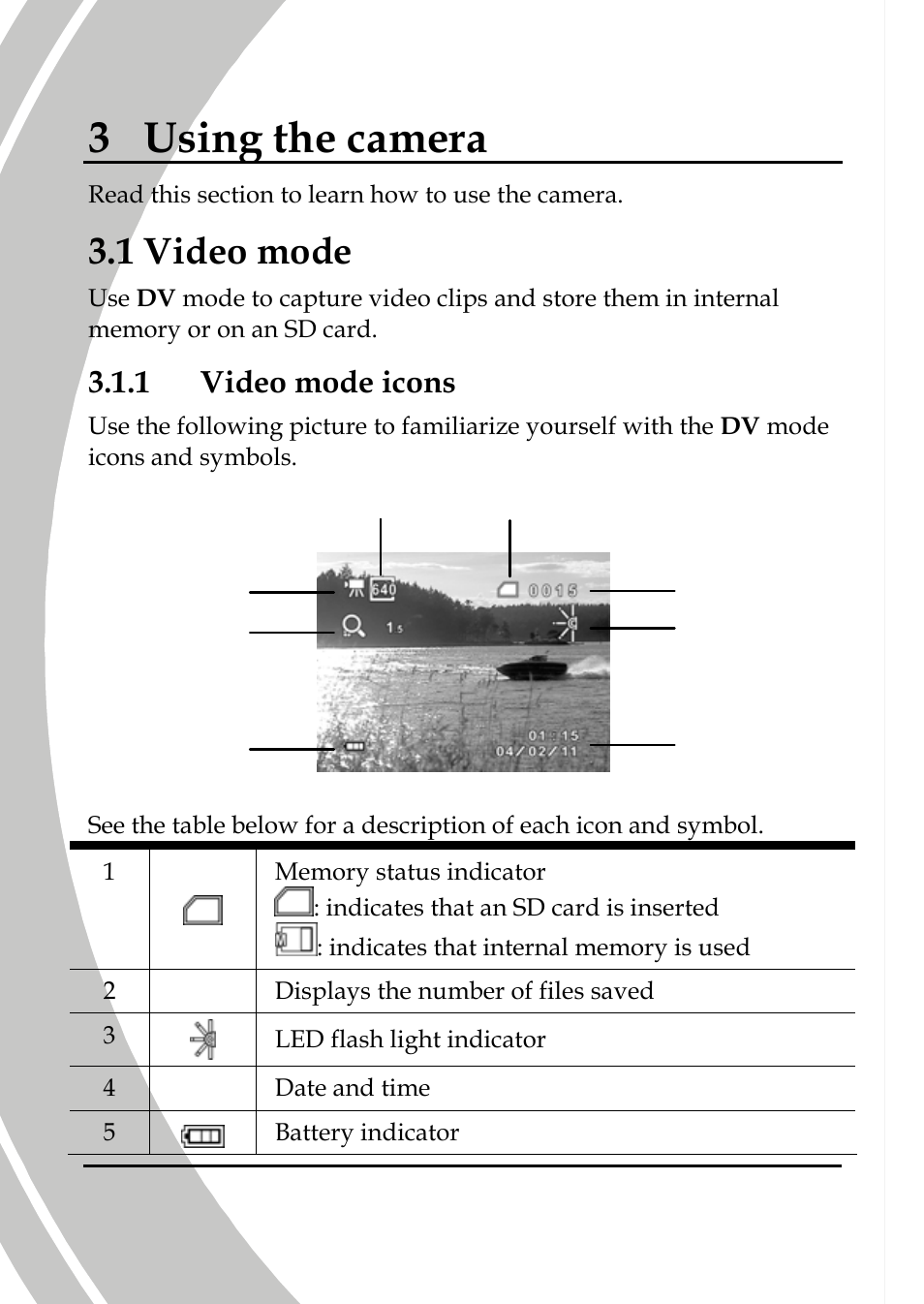 Using the camera, Video mode, Video mode icons | 3 using the camera, 1 video mode, 1 video mode icons | DXG Technology DXG-589V User Manual | Page 40 / 105