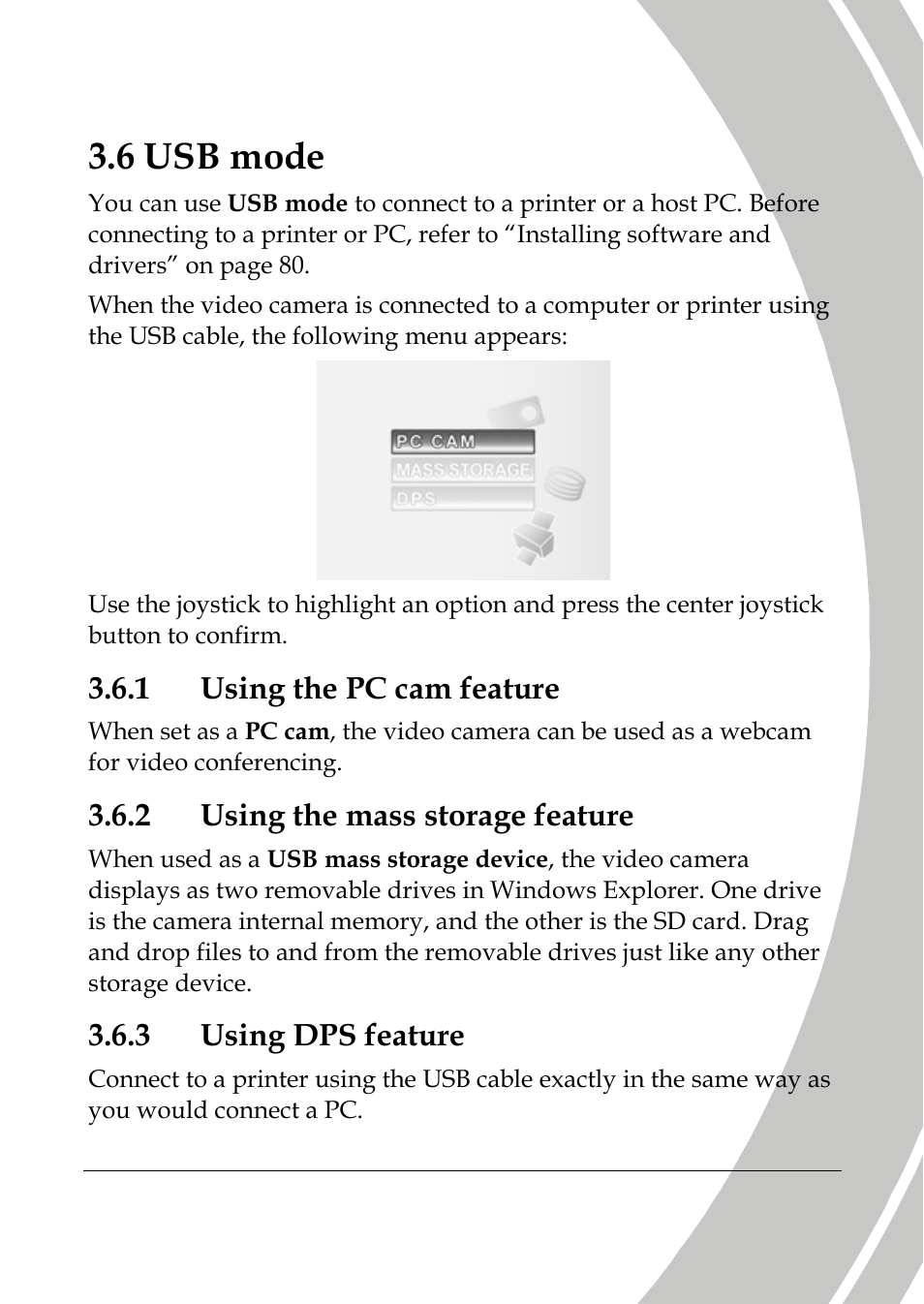 Usb mode, Using the pc cam feature, Using the mass storage feature | Using dps feature, 6 usb mode | DXG Technology DXG-589V User Manual | Page 51 / 105