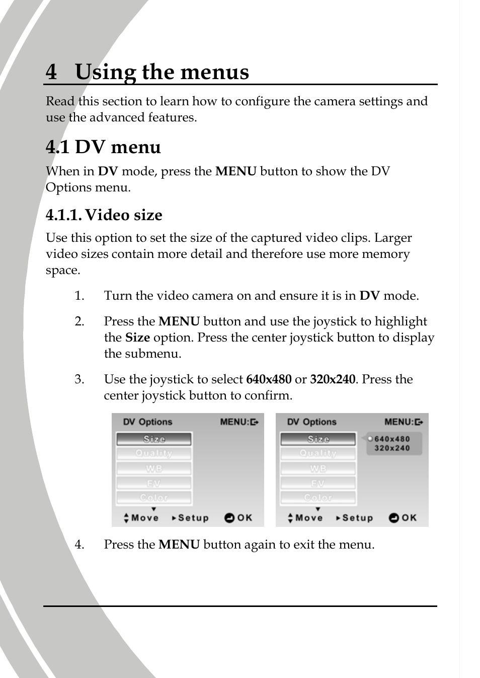 Using the menus, Dv menu, Video size | 4 using the menus, 1 dv menu | DXG Technology DXG-589V User Manual | Page 60 / 105