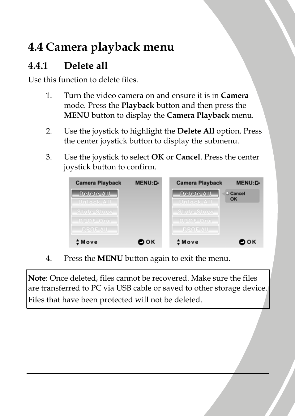 Camera playback menu, Delete all, 4 camera playback menu | 1 delete all | DXG Technology DXG-589V User Manual | Page 75 / 105