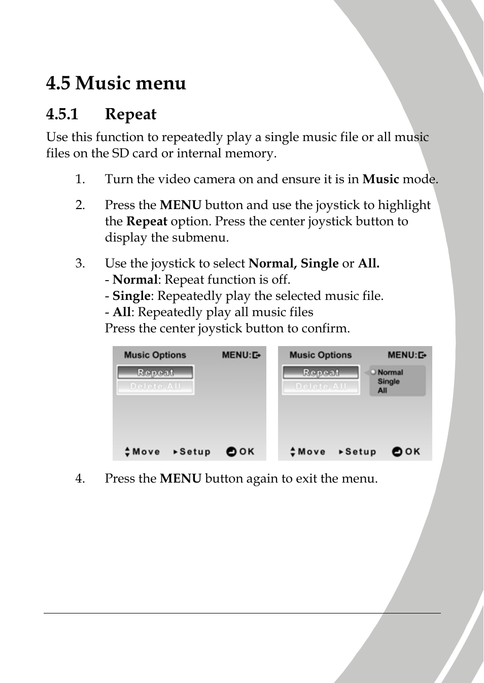 Music menu, Repeat, 5 music menu | 1 repeat | DXG Technology DXG-589V User Manual | Page 81 / 105