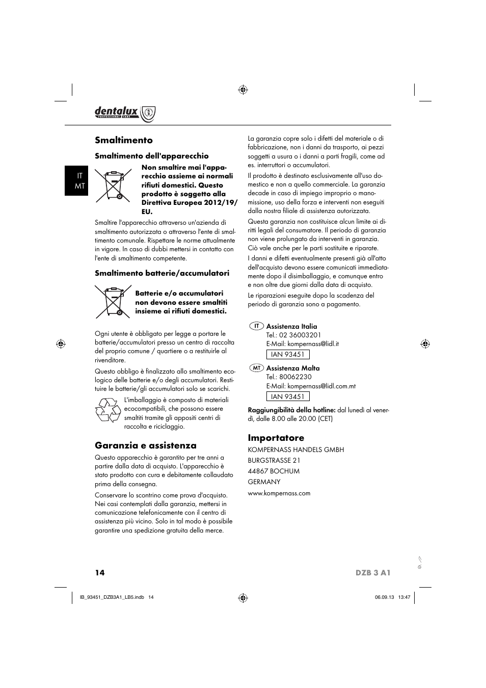 Smaltimento, Garanzia e assistenza, Importatore | Dentalux DZB 3 A1 User Manual | Page 17 / 32