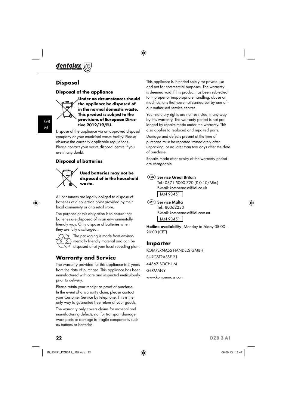 Disposal, Warranty and service, Importer | Dentalux DZB 3 A1 User Manual | Page 25 / 32