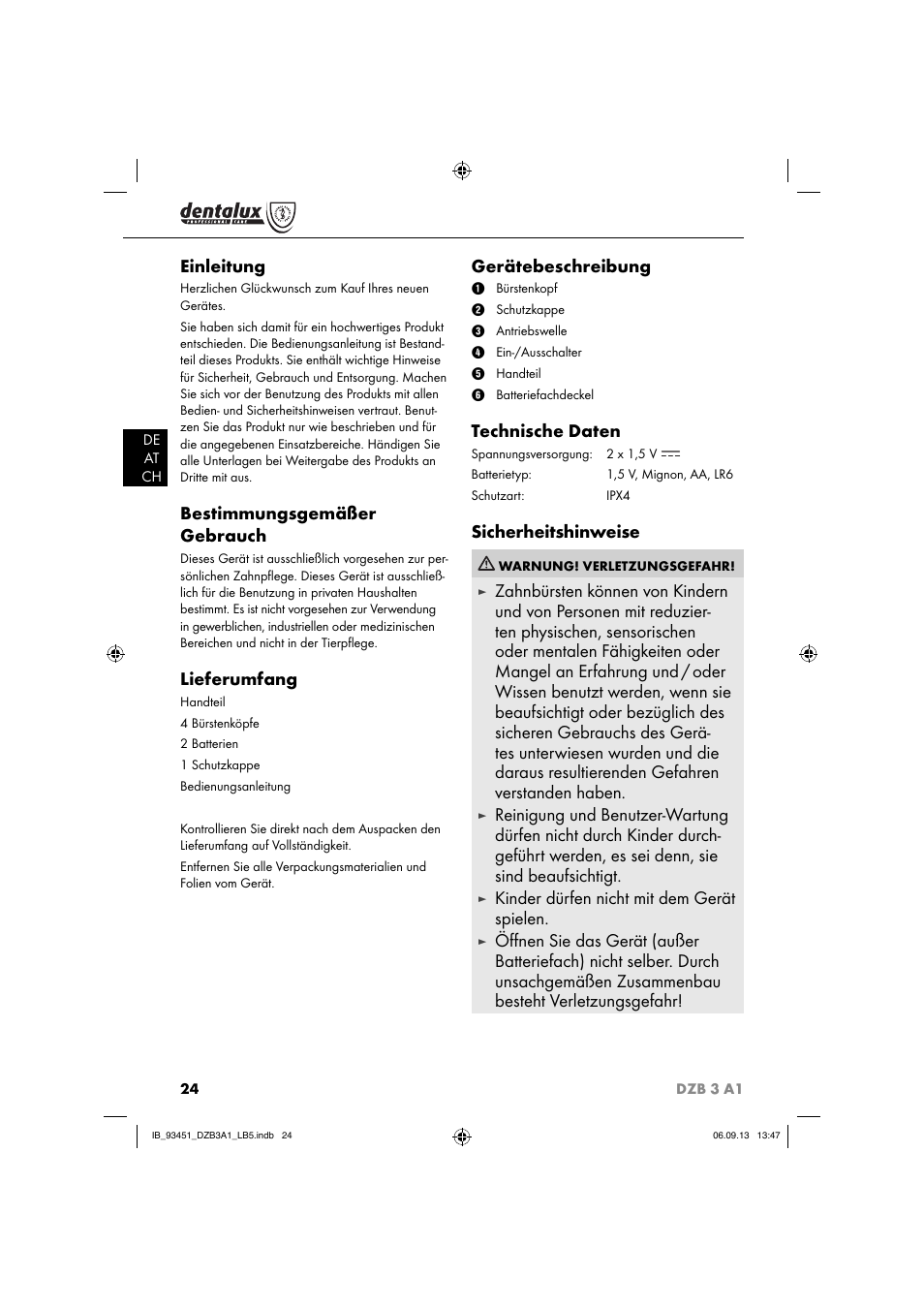 Einleitung, Bestimmungsgemäßer gebrauch, Lieferumfang | Gerätebeschreibung, Technische daten, Sicherheitshinweise, Kinder dürfen nicht mit dem gerät spielen | Dentalux DZB 3 A1 User Manual | Page 27 / 32