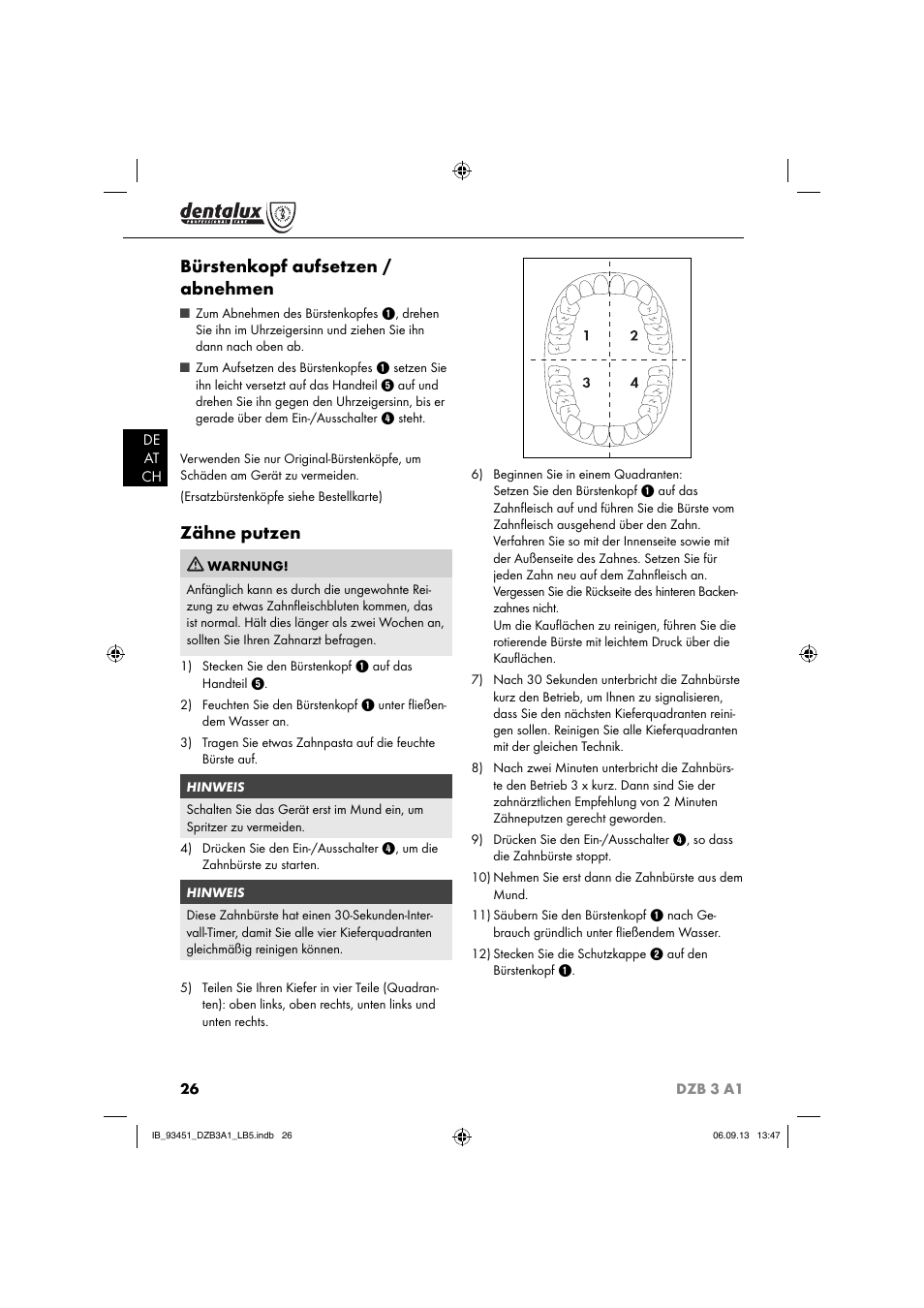 Bürstenkopf aufsetzen / abnehmen, Zähne putzen | Dentalux DZB 3 A1 User Manual | Page 29 / 32