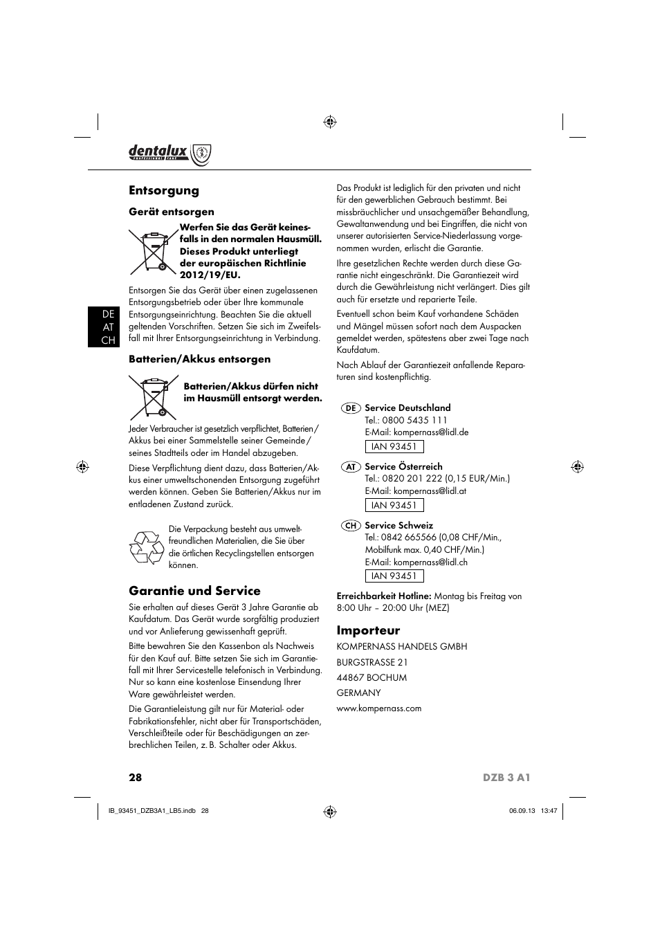Entsorgung, Garantie und service, Importeur | Dentalux DZB 3 A1 User Manual | Page 31 / 32