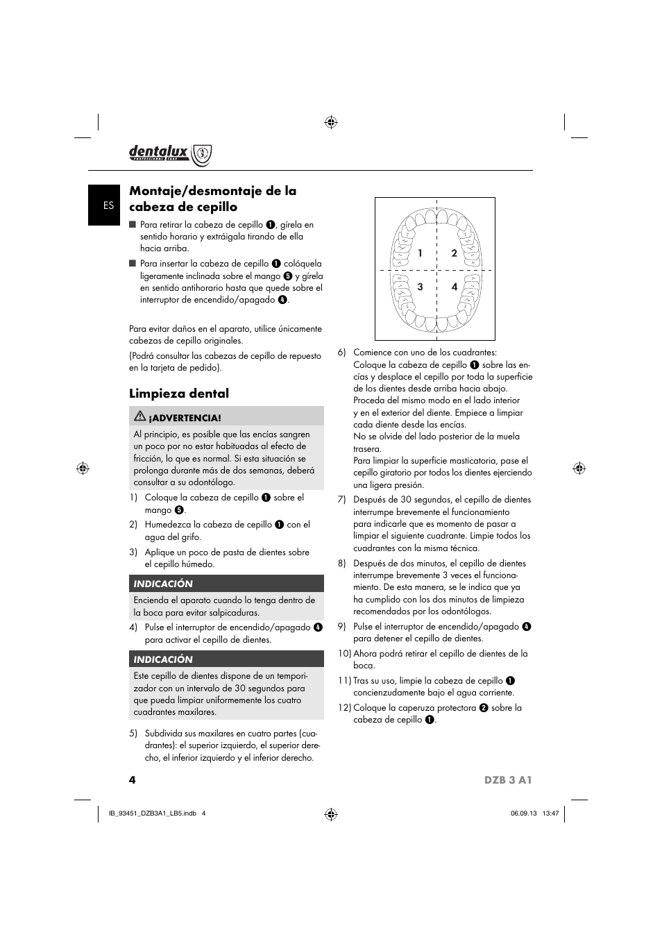 Montaje/desmontaje de la cabeza de cepillo, Limpieza dental | Dentalux DZB 3 A1 User Manual | Page 7 / 32