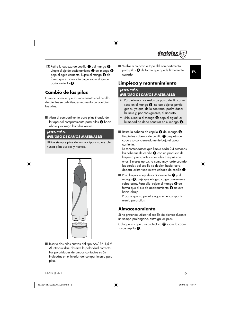 Cambio de las pilas, Limpieza y mantenimiento, Almacenamiento | Dentalux DZB 3 A1 User Manual | Page 8 / 32
