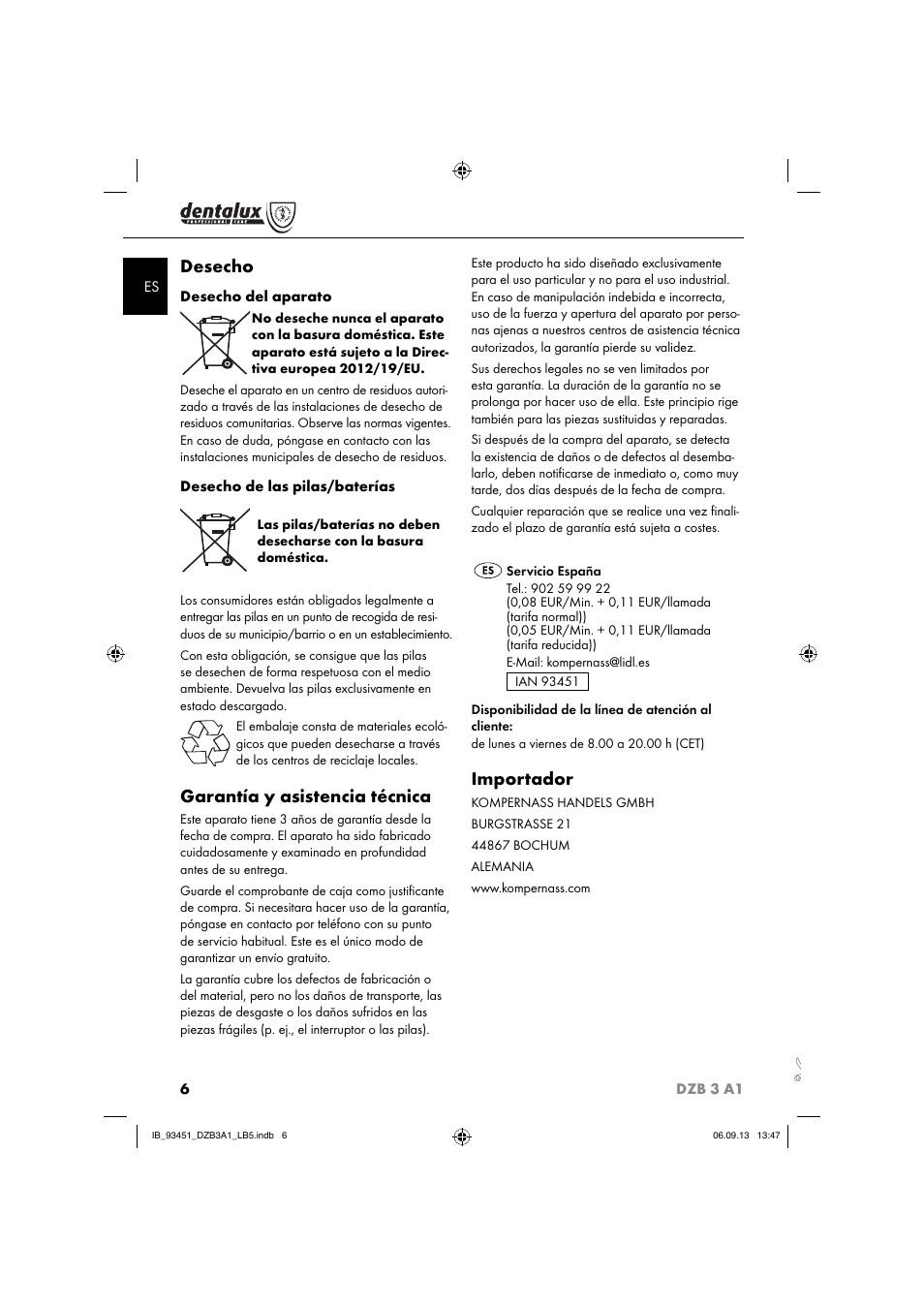 Desecho, Garantía y asistencia técnica, Importador | Dentalux DZB 3 A1 User Manual | Page 9 / 32