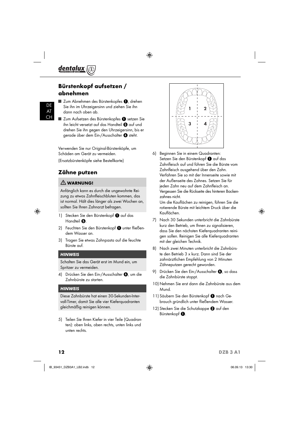 Bürstenkopf aufsetzen / abnehmen, Zähne putzen | Dentalux DZB 3 A1 User Manual | Page 15 / 24