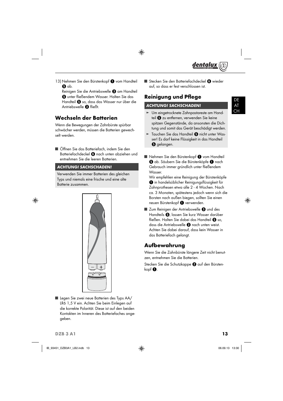 Wechseln der batterien, Reinigung und pﬂ ege, Aufbewahrung | Dentalux DZB 3 A1 User Manual | Page 16 / 24