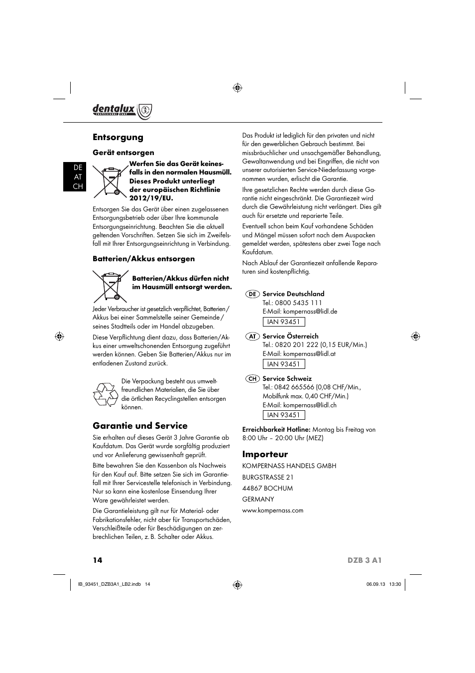 Entsorgung, Garantie und service, Importeur | Dentalux DZB 3 A1 User Manual | Page 17 / 24