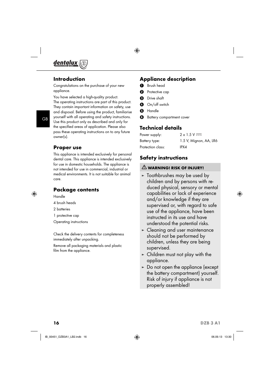 Introduction, Proper use, Package contents | Appliance description, Technical details, Safety instructions, Children must not play with the appliance | Dentalux DZB 3 A1 User Manual | Page 19 / 24