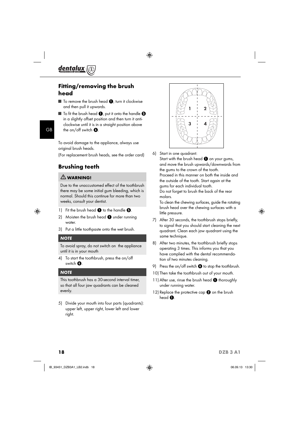 Fitting/removing the brush head, Brushing teeth | Dentalux DZB 3 A1 User Manual | Page 21 / 24