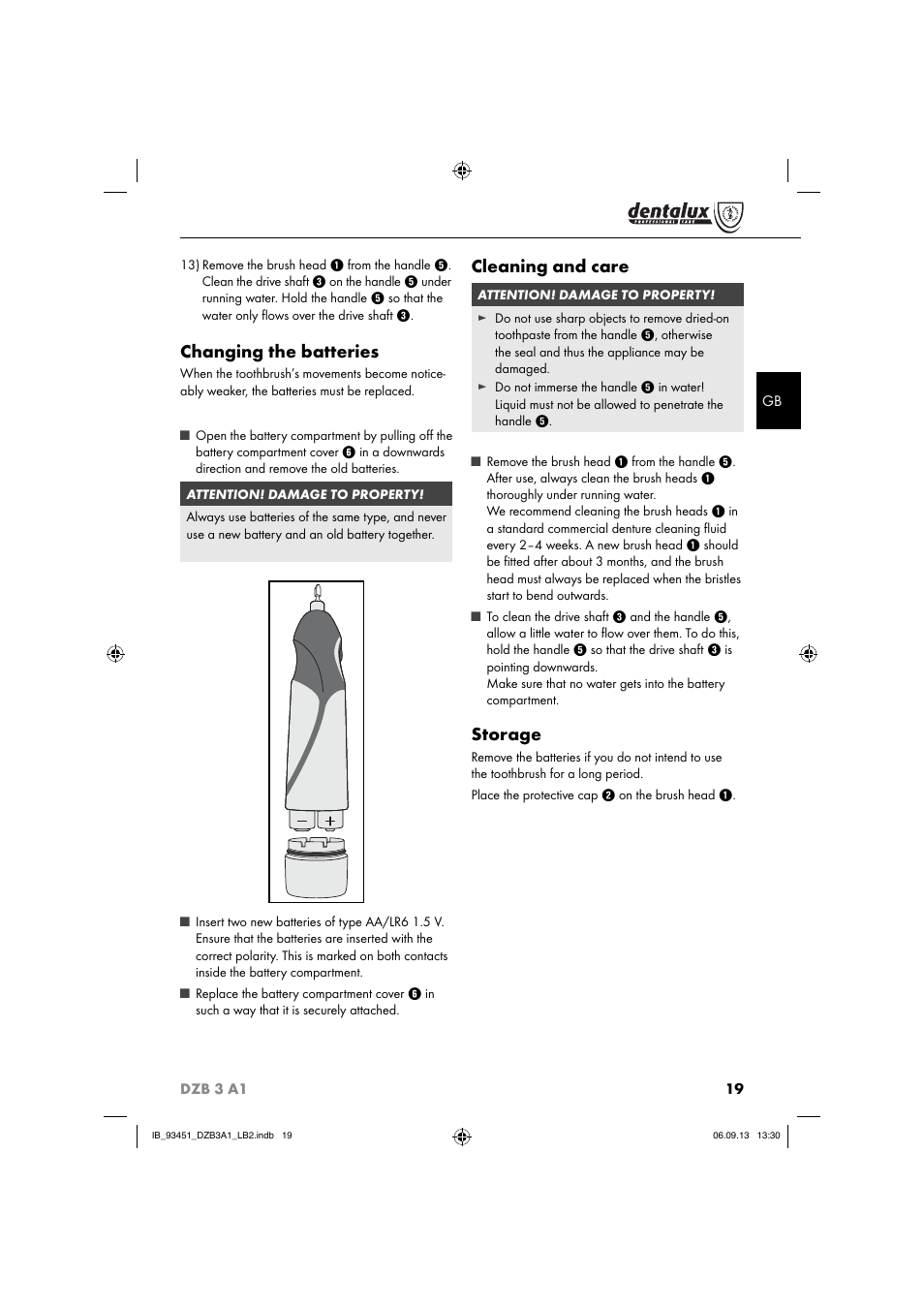Changing the batteries, Cleaning and care, Storage | Dentalux DZB 3 A1 User Manual | Page 22 / 24