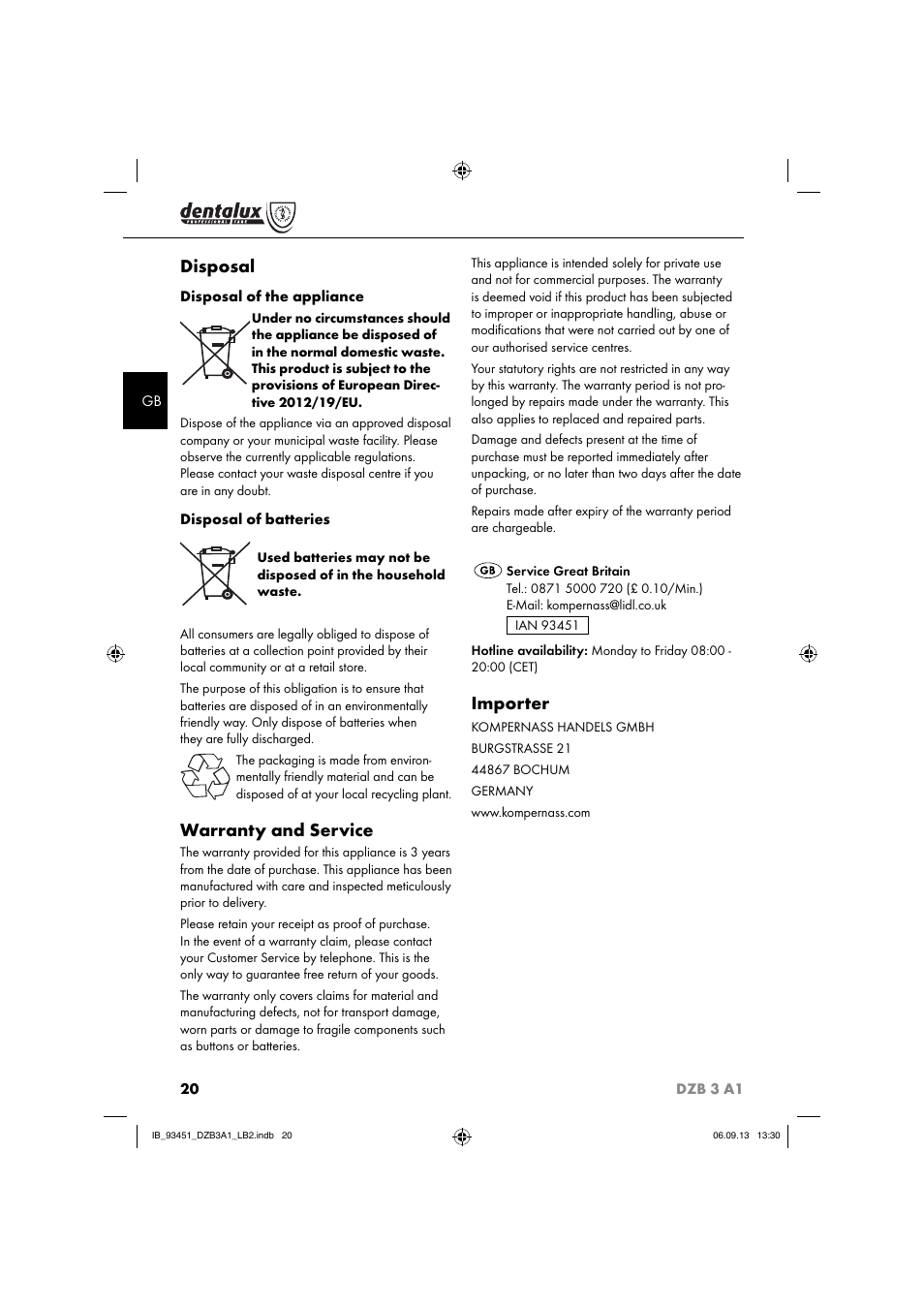 Disposal, Warranty and service, Importer | Dentalux DZB 3 A1 User Manual | Page 23 / 24