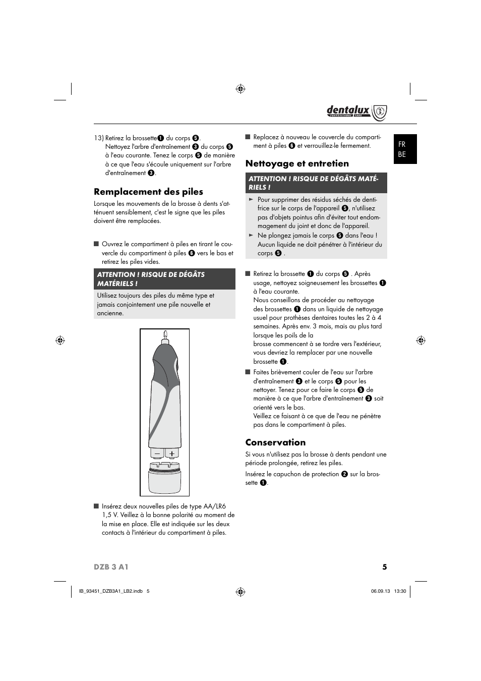 Remplacement des piles, Nettoyage et entretien, Conservation | Dentalux DZB 3 A1 User Manual | Page 8 / 24
