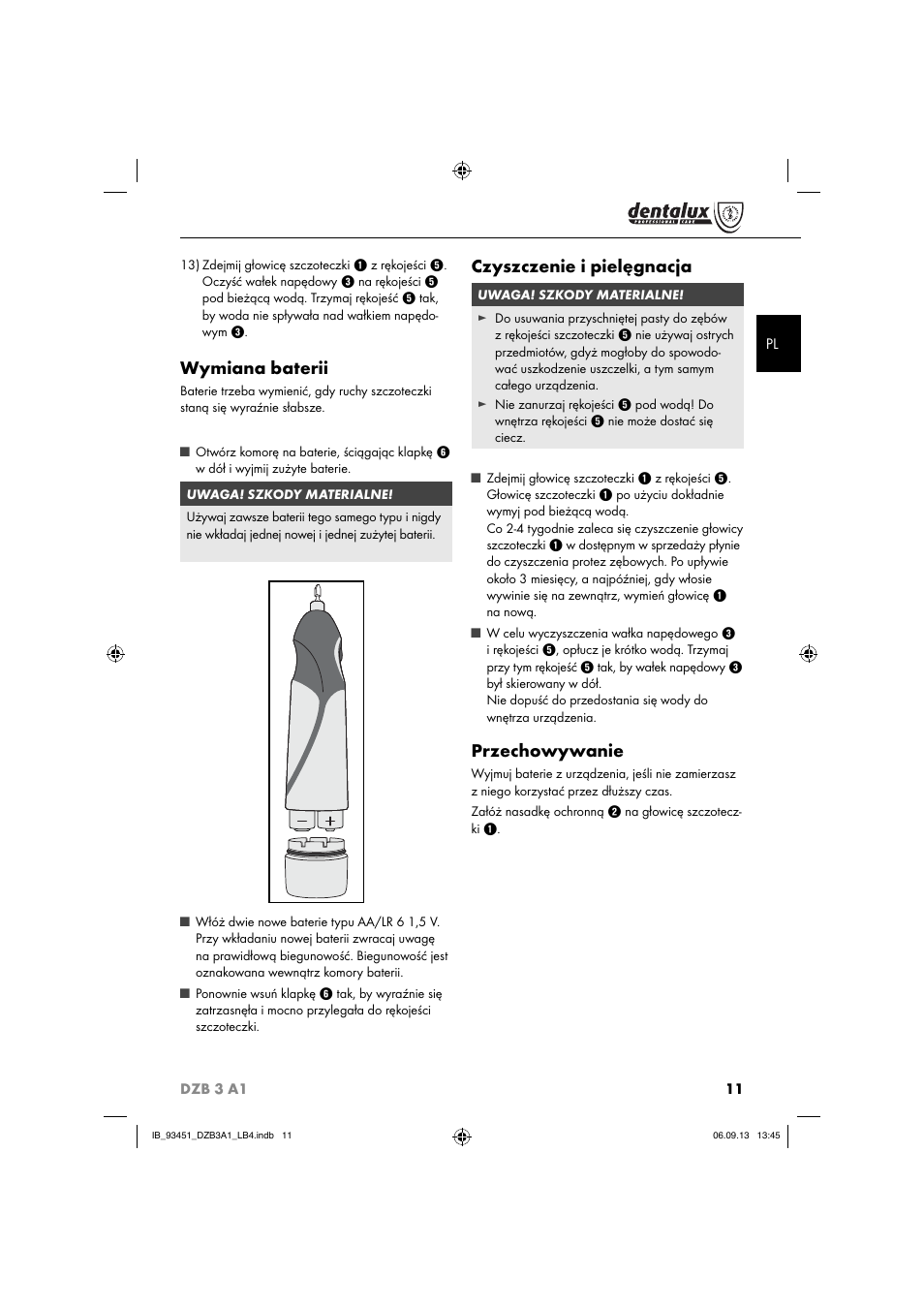 Wymiana baterii, Czyszczenie i pielęgnacja, Przechowywanie | Dentalux DZB 3 A1 User Manual | Page 14 / 40