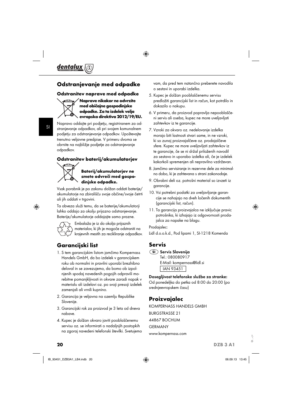 Odstranjevanje med odpadke, Garancijski list, Servis | Proizvajalec | Dentalux DZB 3 A1 User Manual | Page 23 / 40