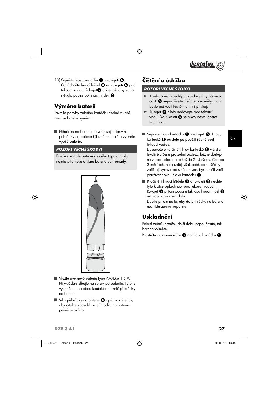 Výměna baterií, Čištění a údržba, Uskladnění | Dentalux DZB 3 A1 User Manual | Page 30 / 40