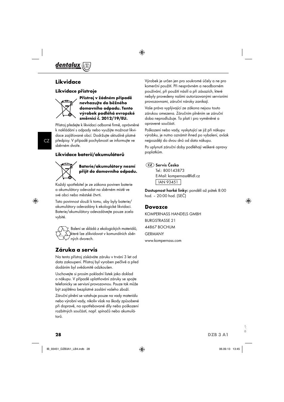 Likvidace, Záruka a servis, Dovozce | Dentalux DZB 3 A1 User Manual | Page 31 / 40
