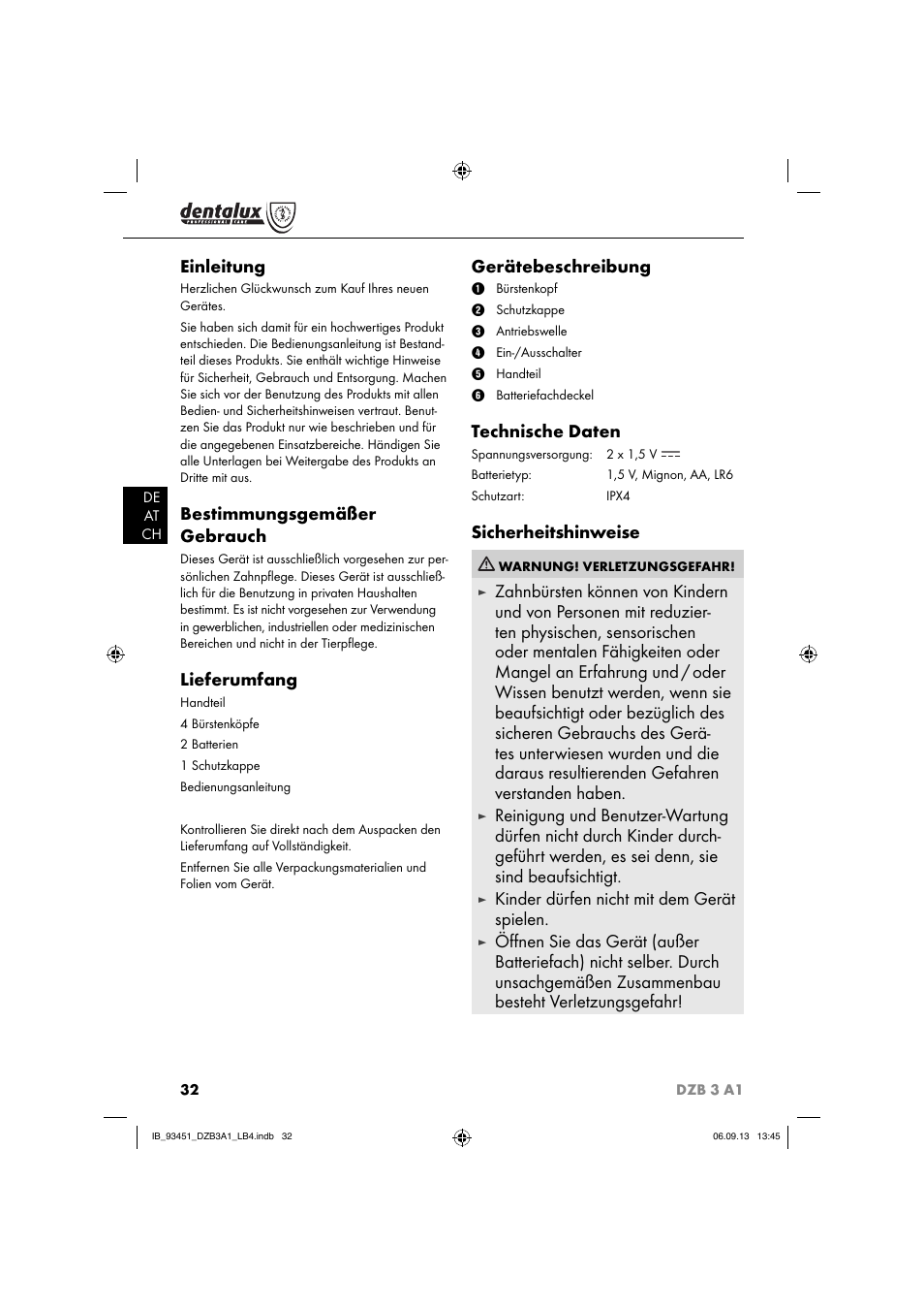 Einleitung, Bestimmungsgemäßer gebrauch, Lieferumfang | Gerätebeschreibung, Technische daten, Sicherheitshinweise, Kinder dürfen nicht mit dem gerät spielen | Dentalux DZB 3 A1 User Manual | Page 35 / 40