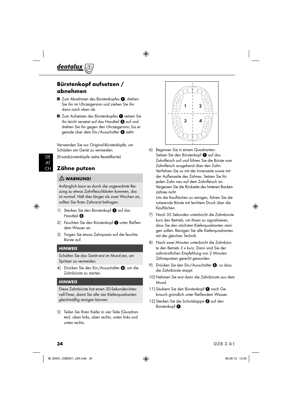 Bürstenkopf aufsetzen / abnehmen, Zähne putzen | Dentalux DZB 3 A1 User Manual | Page 37 / 40