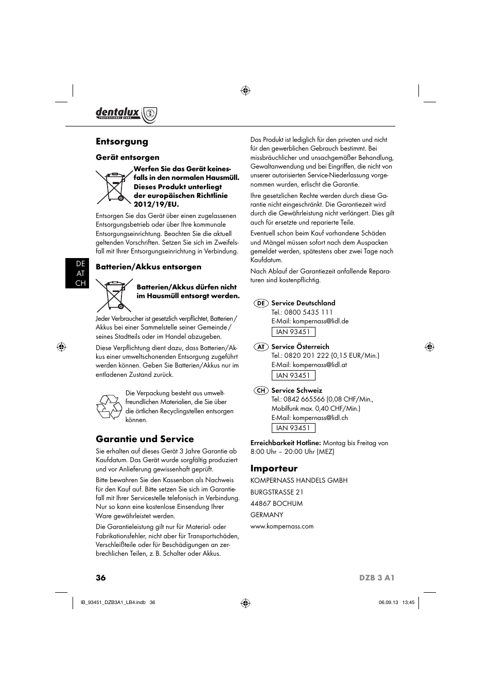 Entsorgung, Garantie und service, Importeur | Dentalux DZB 3 A1 User Manual | Page 39 / 40