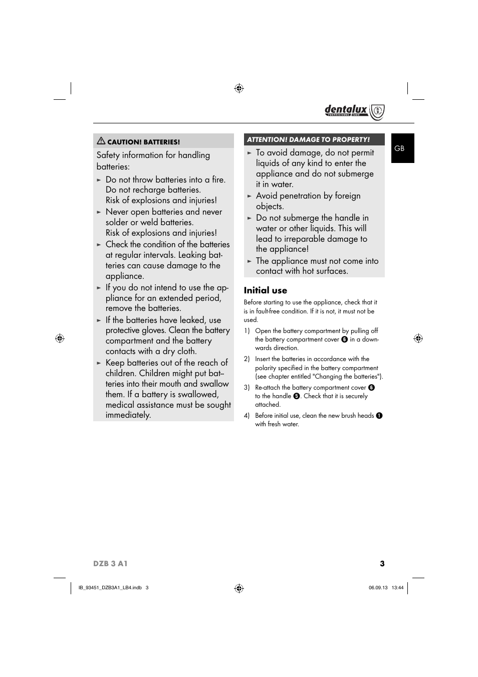 Safety information for handling batteries, Avoid penetration by foreign objects | Dentalux DZB 3 A1 User Manual | Page 6 / 40