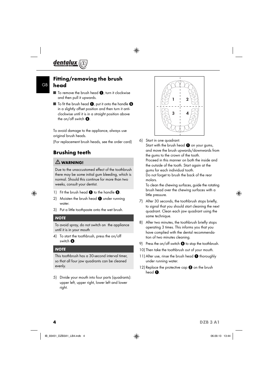 Fitting/removing the brush head, Brushing teeth | Dentalux DZB 3 A1 User Manual | Page 7 / 40