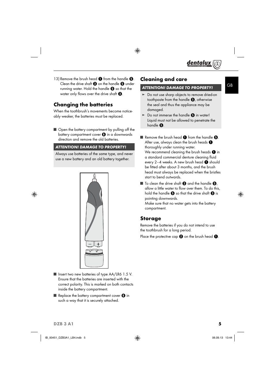 Changing the batteries, Cleaning and care, Storage | Dentalux DZB 3 A1 User Manual | Page 8 / 40