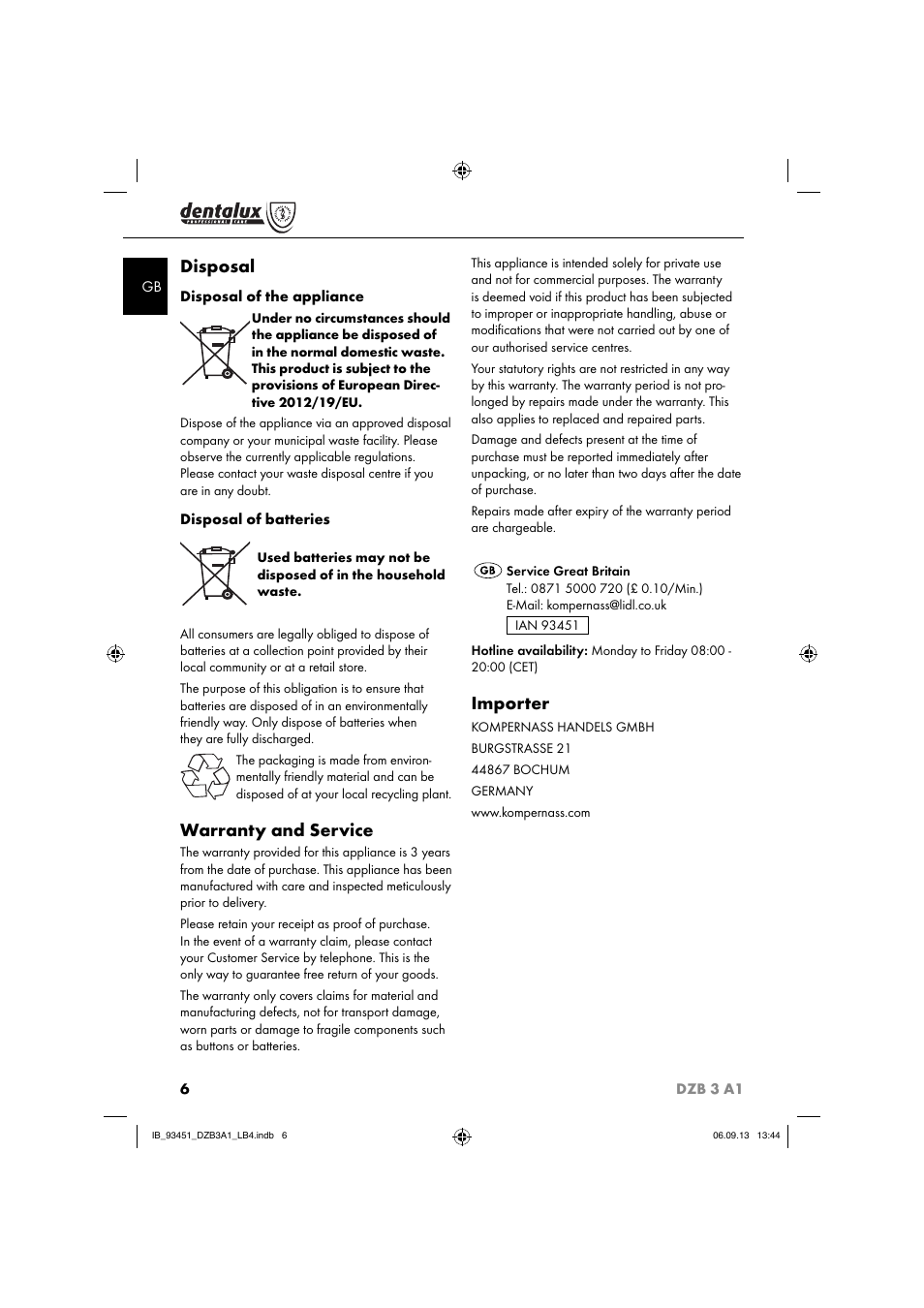 Disposal, Warranty and service, Importer | Dentalux DZB 3 A1 User Manual | Page 9 / 40