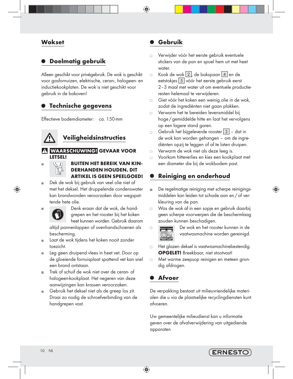 Wokset, Doelmatig gebruik, Technische gegevens | Veiligheidsinstructies, Gebruik, Reiniging en onderhoud, Afvoer | Ernesto Z10601 User Manual | Page 10 / 13