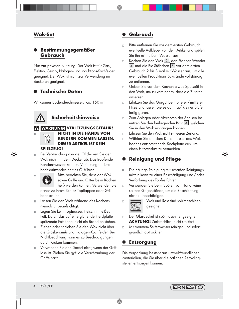 Wok-set bestimmungsgemäßer gebrauch, Technische daten, Sicherheitshinweise | Gebrauch, Reinigung und pﬂege, Entsorgung | Ernesto Z10601 User Manual | Page 4 / 13