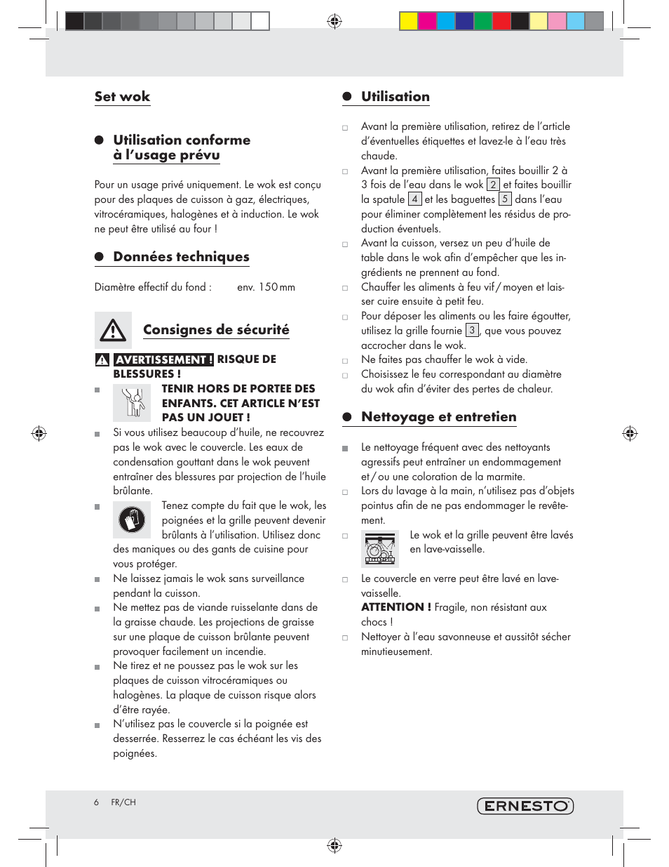 Set wok utilisation conforme à l’usage prévu, Données techniques, Consignes de sécurité | Utilisation, Nettoyage et entretien | Ernesto Z10601 User Manual | Page 6 / 13