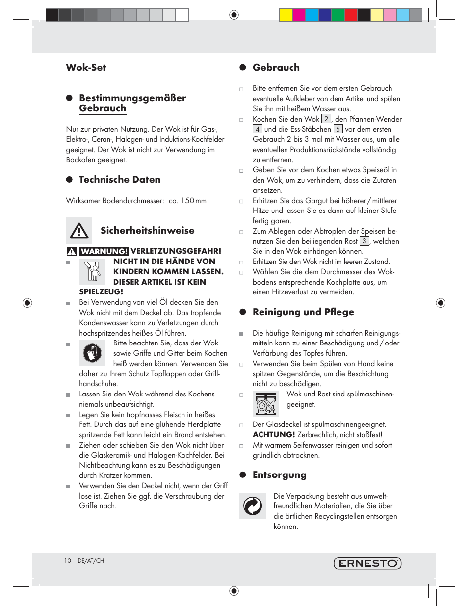 Wok-set bestimmungsgemäßer gebrauch, Technische daten, Sicherheitshinweise | Gebrauch, Reinigung und pﬂege, Entsorgung | Ernesto Z10601 User Manual | Page 10 / 13